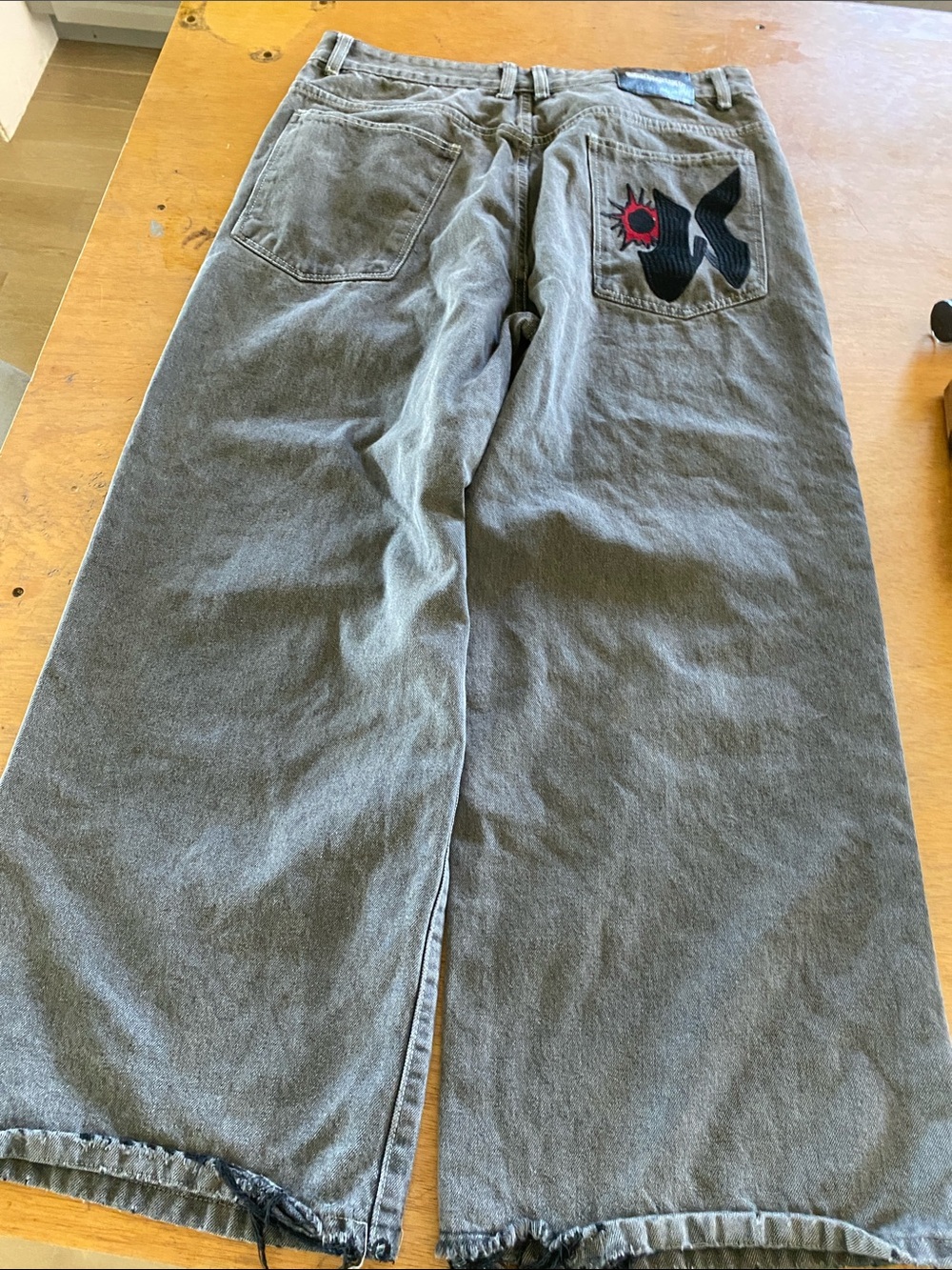 Wiplashed Wide-Leg Men’s Pants in Washed Gray with Back Patch Detail- Medium